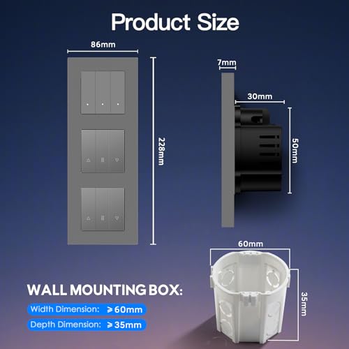 BSEED Smart Lichtschalter mit Doppel WLAN Rollladenschalter,Smart Jalousien Schalter,PC Rahmen,Ben&ouml;tigt Nullleiter,WiFi Rolladen Zeitschaltuhr,kompatibel mit Alexa/Google Home,3 Fach 1Weg,Grau