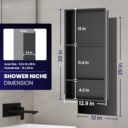 NUWJBYE Stainless Steel Shower Niche - 3-Tier Wall Mounted Shelves, No-Tile Needed Bathroom Storage Cabinet (4x12x29 Inch), Matte Black Waterproof Organizer for Shampoo, Soap & Toiletries by NUWJBYE - Image 2