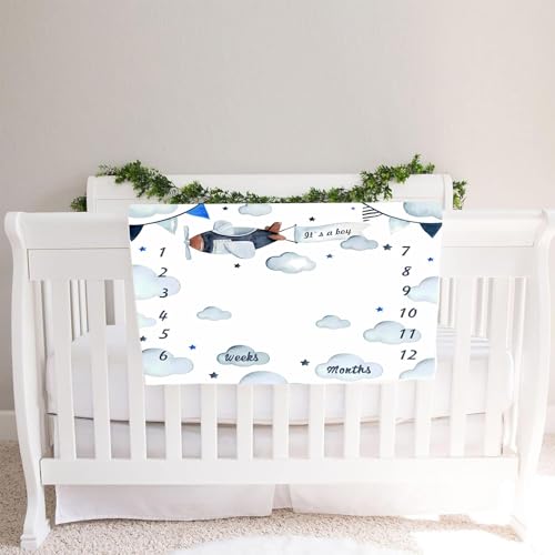 Image of Airplane Theme Baby Monthly Milestone Blanket for Boys, Soft Flannel Aircraft Pilot Cloud Stars Pattern Photography Prop Baby Shower Age Newborn Mom Gifts Nursery Decor (Blue, 60x40in)
