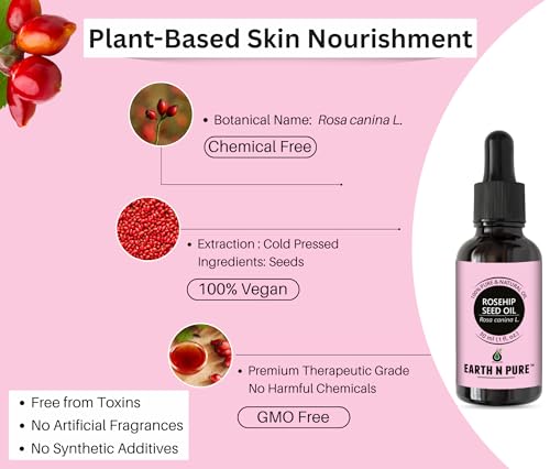 Image of Earth N Pure Rosehip Oil for Face & Glowing Skin - 100% Pure Natural Rosehip Seed Oil for Even Skin Tone, Hydration & Radiance - Cold Pressed Face Oil - 30ml
