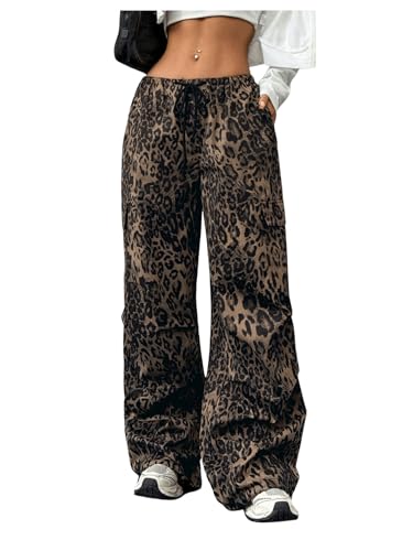 Milumia Women's Leopard Print Low Waist Drawstring Loose Cargo Pants with Pockets