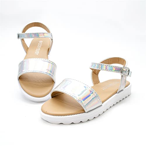 Children Flat Toe Sandals Flower Beach Shoes Little Girls Sandals Sandals for Outer Wear Baby Beach Sandals (Silver, 6-7 Years Little Child)2