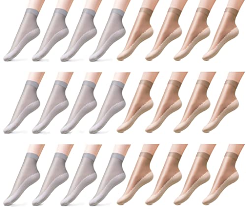 Image of 12 Pairs Women's Silky Anti-Slip Cotton Sole Sheer Ankle High Tights Hosiery Socks Reinforced Toe