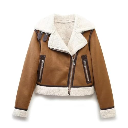 Alloaone Chaqueta de moto cálida de doble cara corta de forro polar de piel versátil de invierno para mujer brown S