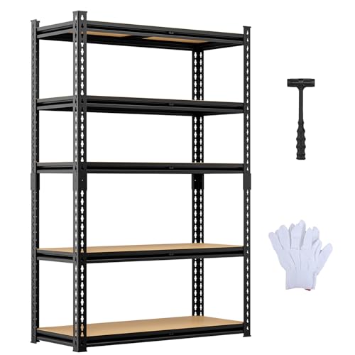 Image of 5-Tier Adjustable Metal Storage Rack, 2000 lbs Capacity, Heavy-Duty Garage Shelving, Black, 35.8 inchW x 15.8 inchDx 71.8 inchH, Suitable for Kitchen Storage, Basement, Multi-Functional Storage Rack.