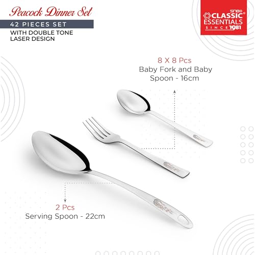 Image of Classic Essentials Stainless Steel 42-Piece Dinner Set for Home | Heavy Gauge Kitchen Tableware | Peacock Laser Design | Shagun /Bartan Set | Plates, Bowls & Cutlery