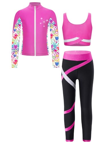 YiZYiF Kids Girls Figure Ice Skating Gym Training Suit Contrast Color Jacket Crop Top Sport Bra with Skating Pants Set