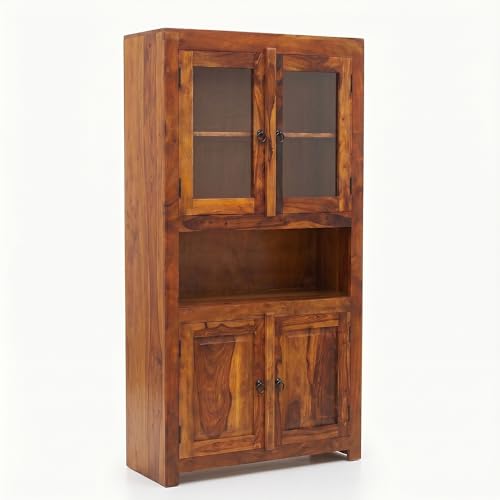 Image of SONA Art & Crafts Wood Crockery Cabinet with Glass Door | Wooden Book Shelf Cabinet with Storage Rack for Home & Office Living Room (Natural Brown)