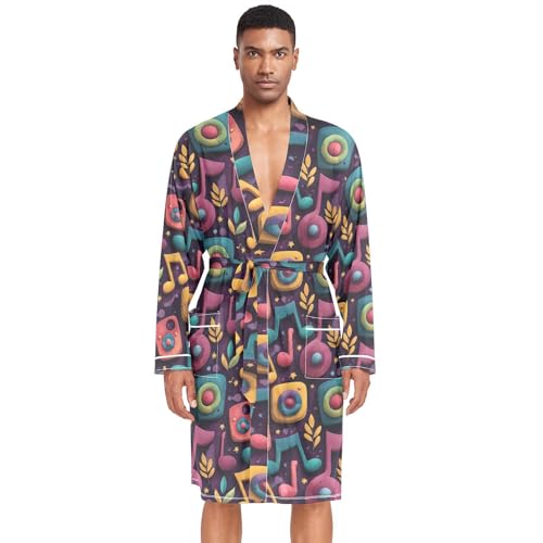 Men’s Robe Music Notes Print, Long Sleeve Bathrobe for Sleep Shower-M