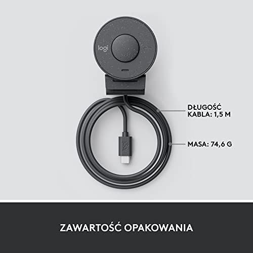 Logitech Brio 300 Full HD Kamera Internetowa z Osłoną, Mikrofonem z Redukcją Szumów, USB-C, Certyfikowana dla Zoom, Microsoft Teams, Google Meet, Auto Korekcja Światła - Grafit