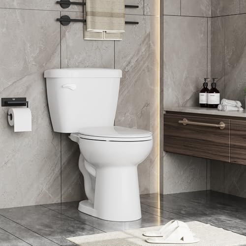 Two-Piece Elongated Toilet, 1.28 GPF Powerful Single Flush, 16" Universal Height Toilet with Soft Close Seat, 12 Inch Rough In, White