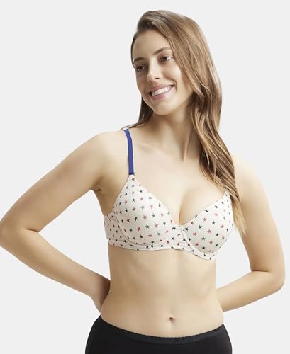 Image of Jockey UL50 Women's Under-Wired Padded Super Combed Cotton Elastane Stretch Medium Coverage Printed T-Shirt Bra with Detachable Straps (Prints May Vary)