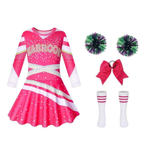 WVWMYM Disfraz Animadora, Disfraces Carnaval Rosa Disfraz Animadora Manga Larga con Pompones Goma para el Pelo con Lazo Medias Cheerleader Costume para Carnaval Fiesta Temática