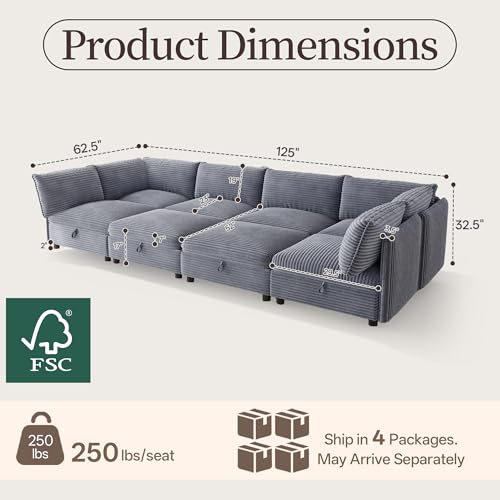 Image of Oversized Corduroy Modular Sectional Sofa Bed with Hidden Storage, Convertible L U Sleeper Couch, 8-Seat Modular Sofa Free Combination with Ottoman & Removable Covers for Living Room, Gray