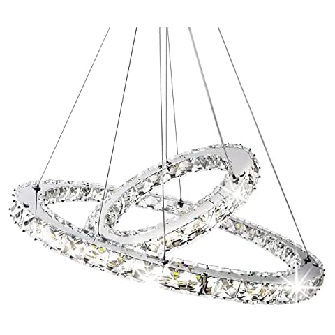 Crystal Chandelier LED 2 Ring Modern Crystal Light, Adjustable Stainless Steel Chandelier, Ceiling Lighting Fixture, Easy to Install, Suitable for Living Room, Bedroom (Cool White) Cover