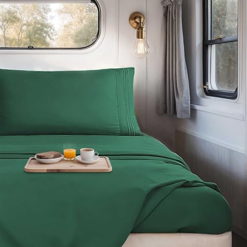 Image of Nestl Dark Green Short Queen Sheets for RV, Hotel Luxury RV Queen Sheets Set, 4 Piece Fitted Bed Sheet Set and Pillowcases, Super Soft, Wrinkle-Free, and Breathable Camper Bedding