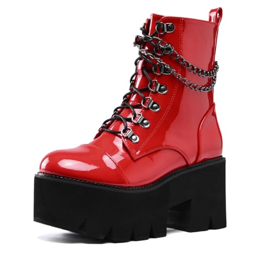 Women's Patent Leather Chain Platform Block Heel Goth Ankle Boots with Side Zipper Fashion Comfortable Round Toe Chunky High Heel Lace Up Combat Boots Y2K Punk Motorcycle Booties