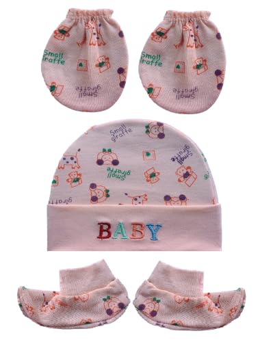 Ilsha® New Born Baby Cotton Mittens Caps Gloves and Booty Combo Set / (Assorted Colours, 0-6 Months) | Unisex Booty Set, Durable, Cotton Gift Set Multicoloured Hand Gloves and Socks.