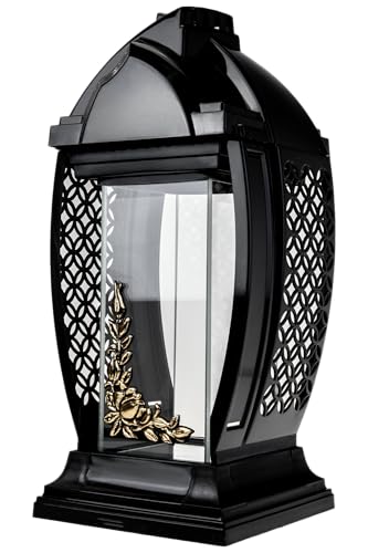 DeLovin Artis edle Grablampe Friedhofslaterne mit Echt Glaseinsatz Schwarz mit Goldener Verzierung Grableuchte 33 cm hoch, Ø 15 cm – Wetterfest & langlebig für Elektro Kerzen