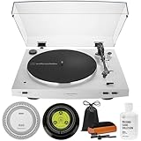 Audio-Technica AT-LP3XBT-WH Fully Automatic Wireless Belt-Drive Turntable - White Bundle with Record Care Solution, Deco Gear Cleaning Kit, Stroboscope and Record Stabilizer