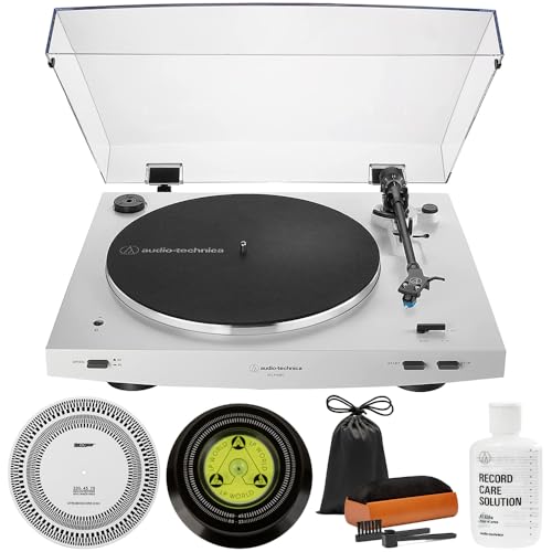 Audio-Technica AT-LP3XBT-WH Fully Automatic Wireless Belt-Drive Turntable - White Bundle with Record Care Solution, Deco Gear Cleaning Kit, Stroboscope and Record Stabilizer