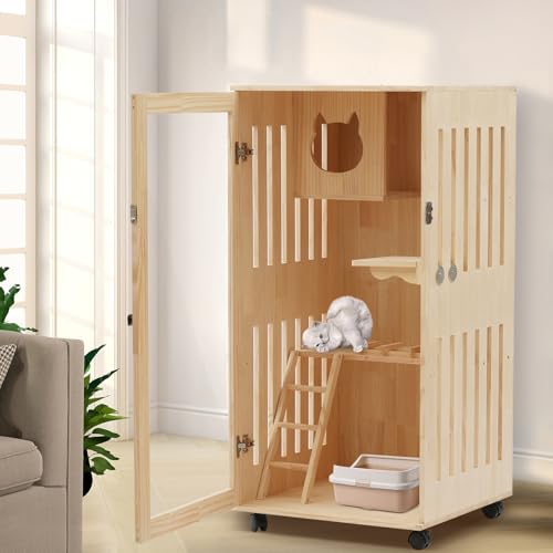 Large Wooden Cat House, 23.62 * 23.62 * 47.24in Cats Villa on Wheels for Outdoor and Indoor Cats, Kitten Cages with Shelter, Multi-Feature Enclosed Cat Condo with Clear Door - Thumbnail 4