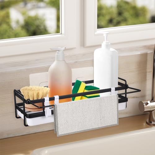 Sponge Holder for Kitchen Sink, Dish Brush Holder Sink Caddy Organizer, Rustproof 304 Stainless Steel Sink Dishcloth Holder, Countertop with Removable Drain Tray, Kitchen Sink Storage Accessories
