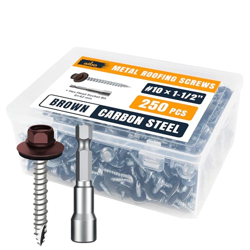 Image of ALBO 250 Pcs #10 x 1-1 /2 inch Brown Metal Roofing Screws, EPDM Washers