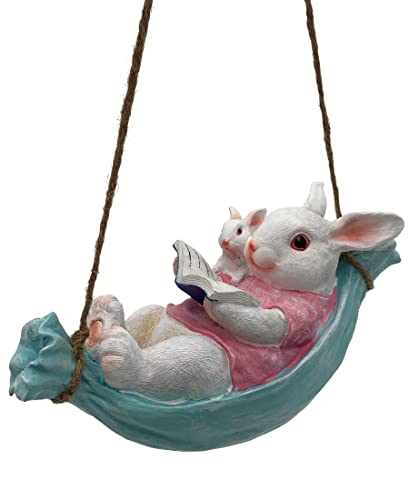 Usupgift Pink Swing Rabbit Garden Statues Cute Rabbit Figures Tree Hanging Sculpture (8.9"X4.3"X 3.9") For Outdoor Décor Garden Patio Yard Lawn #TOP5