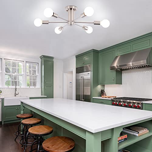 Wtyuio Semi Flush Mount Ceiling Light Fixture 6 Lights, Modern Sputnik Chandelier, Mid Century Pendant Light Fixture For Bedroom, Living Room, Dining Room, Kitchen, Hallway, Foyer, Nickel #TOP7