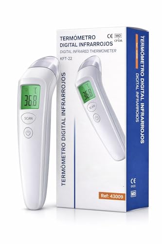 KFT 22   Termómetro Infrarrojo Digital sin Contacto para Frente – Medición Rápida y Precisa ±0,2 °C – Pantalla LCD – Memoria 6 Registros – Pilas Incluidas