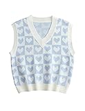 SAFRISIOR Women Cute Heart Checker Print Sweater Vest V Neck Color Block Sleeveless Pullover Knit Ta