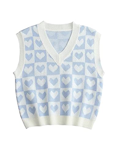 Safrisior Women Cute Heart Checker Print Sweater Vest V Neck Color Block Sleeveless Pullover Knit Tank Top 90S E-Girls Blue #TOP7
