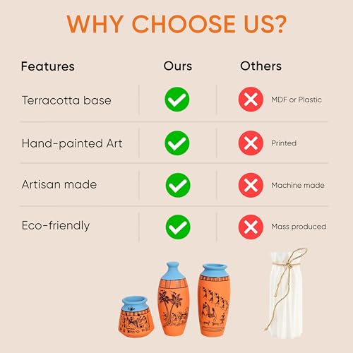 Image of Aakriti Art Creations Desert Safari Terracotta Clay Vase Set of 3 | Handcrafted Warli Art Tribal Decor for Home | Matte Finish Orange Decorative Vases for Living Room, Table Decor & Gifting