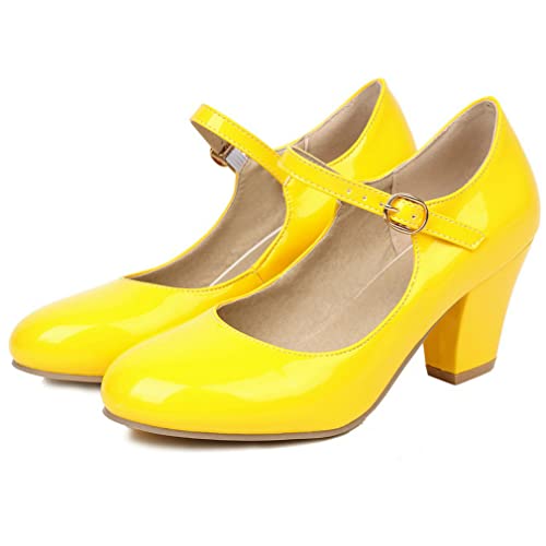 LUXMAX Women Patent Leather Mary Janes Block High Heel Pumps Closed Toe Chunky Heel Pumps