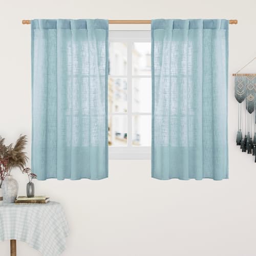 LAMIT Stone Blue Linen Curtains 45 Inch Length 2 Panels, Light Filtering Panels Back Tab and Rod Pocket Country Decor Drapes for Kitchen/Window/Loft Room/Bedroom, 34 x 45 Inch