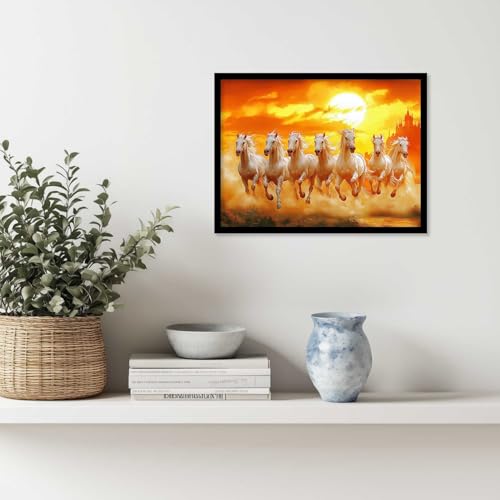 Image of HOTHOUSE Seven Running Vastu Lucky Horse Rising Sun Painting Wall Decor | 7 Horses Vastu Frame Wall Art Painting for Living Room Bedroom Office Home Decor Size (19X25 inch)