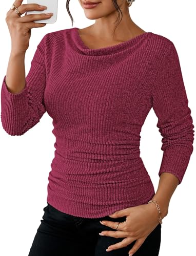 Pink Queen Long Sleeve Cowl Neck Shirts Fall Lightweight Pullover Sweaters Slim Fit Ribbed Tops Purplish Red M