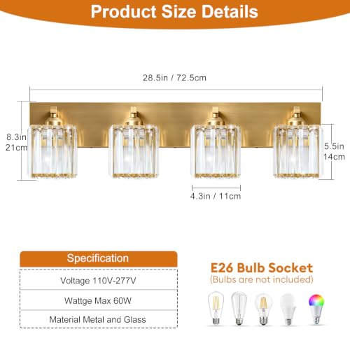 Image of Gold Crystal Bathroom Vanity Light, 4-Light Modern Bathroom Lighting Fixtures Over Mirror,Chrome Wall Sconce Light Fixtures with Square Shade