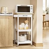 Gizoon Rolling Kitchen Island Cart with Top Drawer, Wooden Table Top Small Kitchen Island on Wheels with 2 Open Shelf, Microwave Stand with 3 Side Hooks for Dining Room, Small Coffee Bar,White