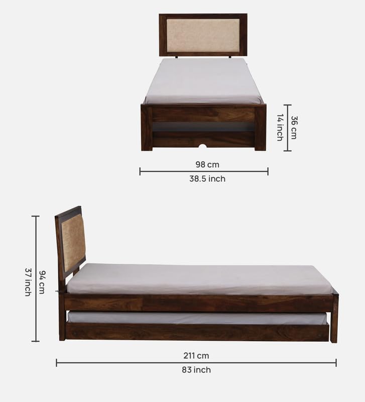 Image of Solid Sheesham Wood Pearl Single Size Trundle Bed with 1 Extra Pullout Bed | Wooden Single Bed Cot Palang Furniture for Bedroom Living Room Home and Hotel (Provincial Teak Finish)