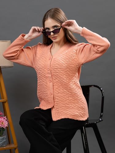 Image of Women's Winter Woolen Cardigan | Full Sleeve Textured Buttoned Sweater for Women | Soft Wool V-Neck Warm Knitted Outerwear for Office & Casual Wear