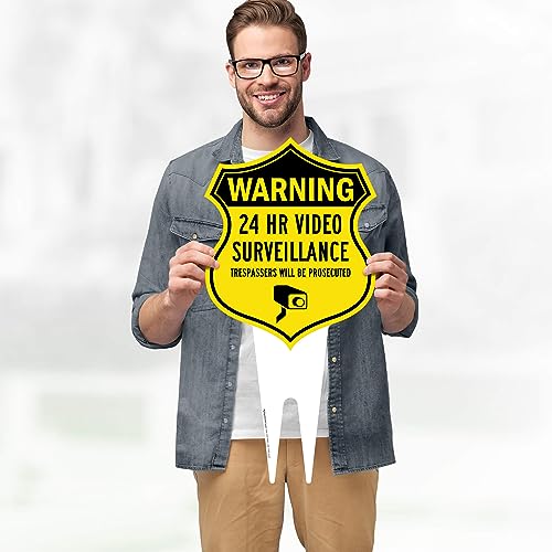 Image of Warning, 24 Hr Video Surveillance Sign, 11x21, Heavy Duty Integrated Ground Stakes, Indoor /Outdoor Use, Rust Free Aluminum Composite, Made in USA by My Sign center