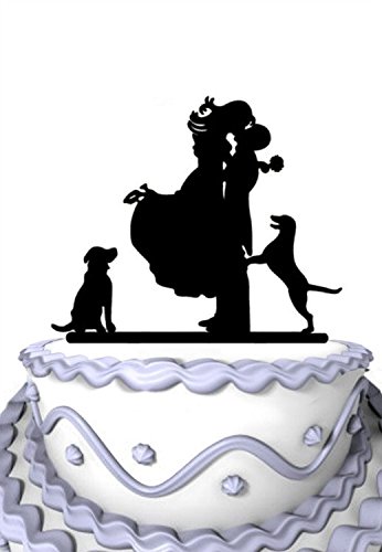Meijiafei Wedding Cake Topper - Bride and Groom with 2 Bichon Frice Silhouette for Rustic Wedding Supplies