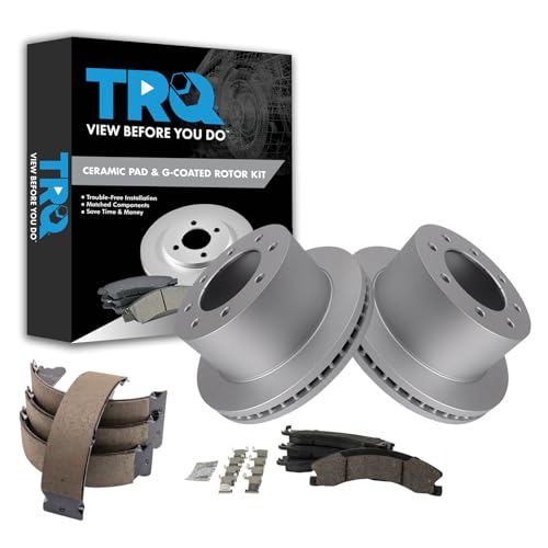 Image of TRQ Rear Brake Pad & Rotor Kit Parking Brake Shoe Set Ceramic Premium G-Coated Compatible with 2013-2017 Chevrolet Silverado 3500 HD GMC Sierra 3500 HD