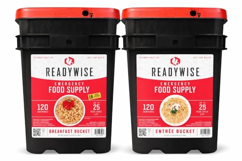 ReadyWise 240 portions, Petit-déjeuner, déjeuner et dîner, 17 Recettes différentes, seaux Grab & Go, lyophilisé, Conservation jusqu'à 25 Ans, 14 Jours de Nourriture pour 2 Personnes
