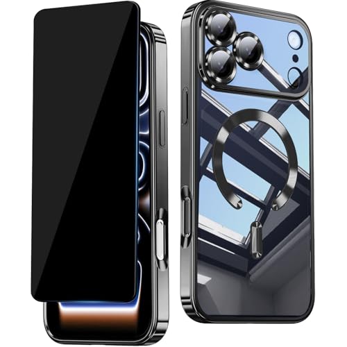 vphioxlr Magnetic for iPhone 17 Pro Case Clear,with Privacy Screen Protector,Compatible with MagSafe [Non Yellowing] Full Camera Lens Protector Plating Soft Clear Phone Case for iPhone 17 Pro,Silver