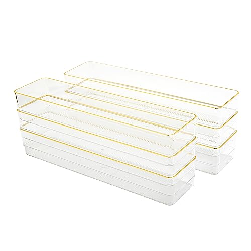 Image of Martha Stewart Kerry Plastic Stackable Office Desk Drawer Organizers, 12 inch x 3 inch, 6 Pack, with Gold Trim