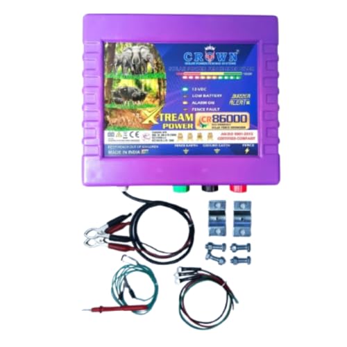 Crown Solar Power Fencing System, Xtream Power CR 86000 Agri Fence Energizer, 12V DC, LED Power Level Indicator, Zatka Green, IP65 ABS Console Box (XTREAM Power Energizer CR 86000)