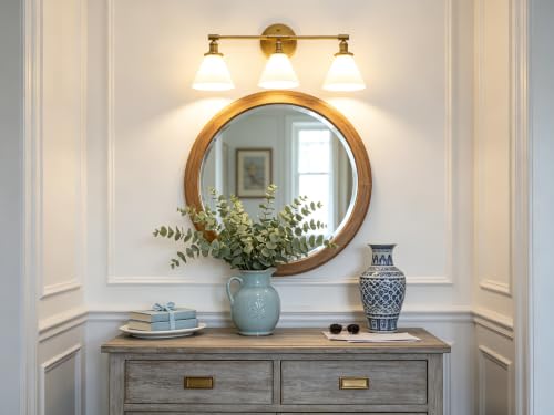 Image of Vintage Industrial 3-Light Bathroom Vanity Light with Milk Glass lampshade - Antique Brass Wall Sconce for Over Mirror, E26 Socket, Dimmable Compatible, Hardwired Installation